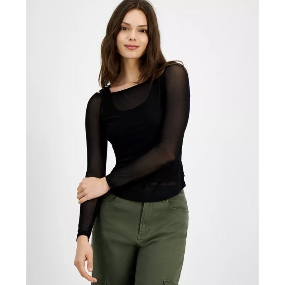 Just Polly Juniors Mesh Two‑Fer Long‑Sleeve Top Sheer Black  NWT Layered Look